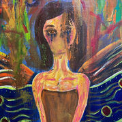 Colorful abstract painting of a sad woman with tears, dark hair, and a brown dress against a bright textured background