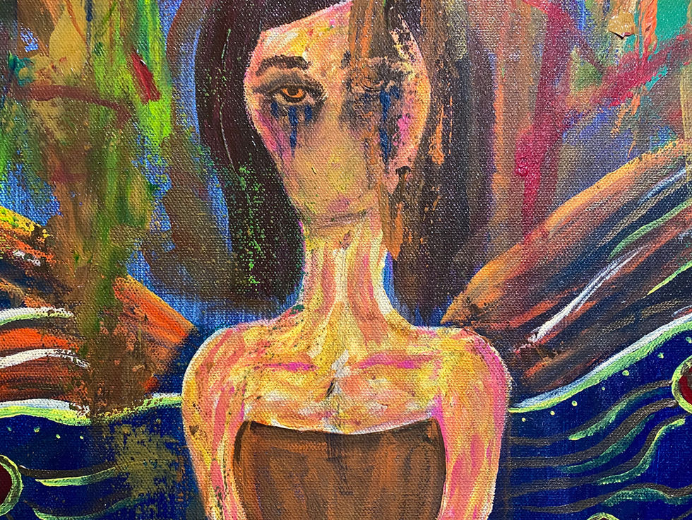 Colorful abstract painting of a sad woman with tears, dark hair, and a brown dress against a bright textured background