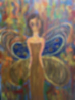 Painting of a woman with butterfly wings and colorful background, art.
