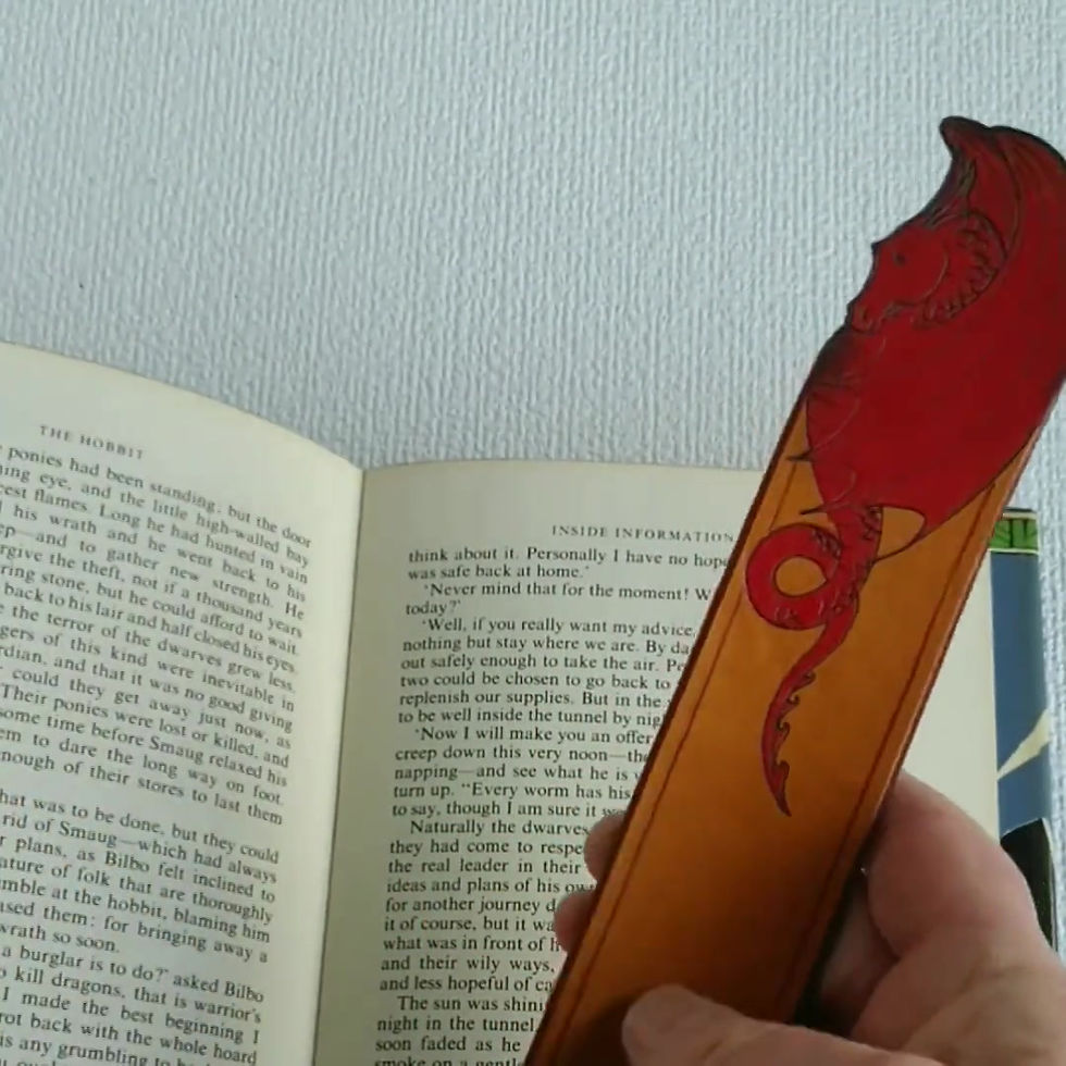 Thumbnail: Red or Green tinted Dragon bookmark in leather