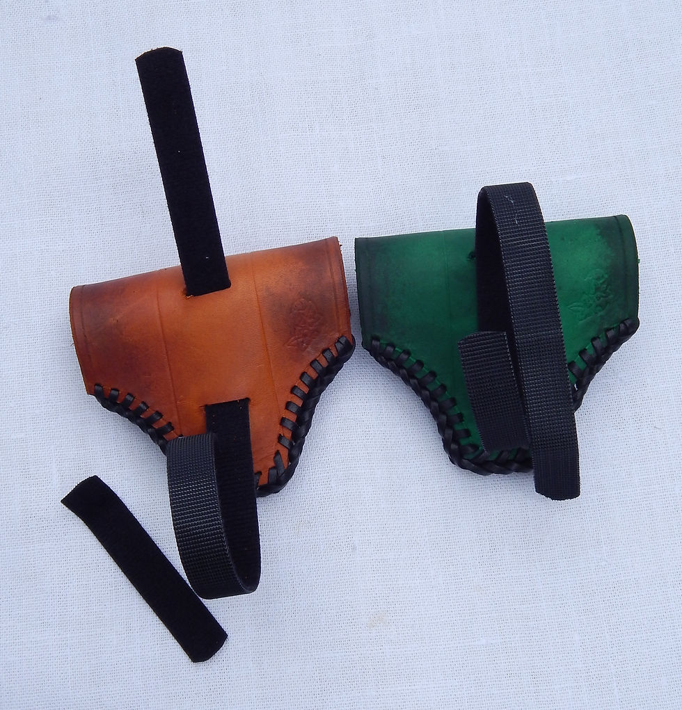Thumbnail: Neat leather case to hold a T shaped harp tuning key.  Back of Brown and Green