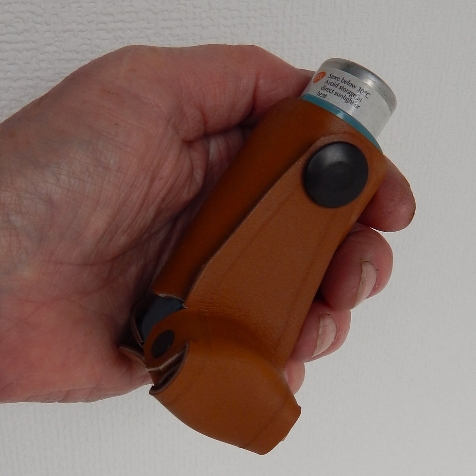 Thumbnail: Tan leather, handmade case for ventolin or (larger) subutamol inhaler.  Holds lid captive