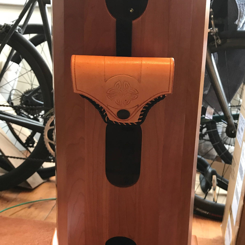 Thumbnail: Neat leather case to hold a T shaped harp tuning key.  Tan one fitted to customers harp