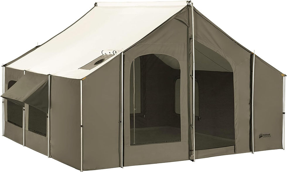 Large gray-and-white Kodiak Canvas tent with screened windows and open front, shown on a white background