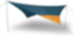 Blue-and-orange camping tarp shelter with poles and guy lines on a white background, with a small Kelty logo.