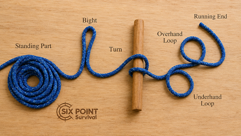 Blue rope knot diagram around a wooden dowel on wood, labeled standing part, bight, turn, loops, and running end.