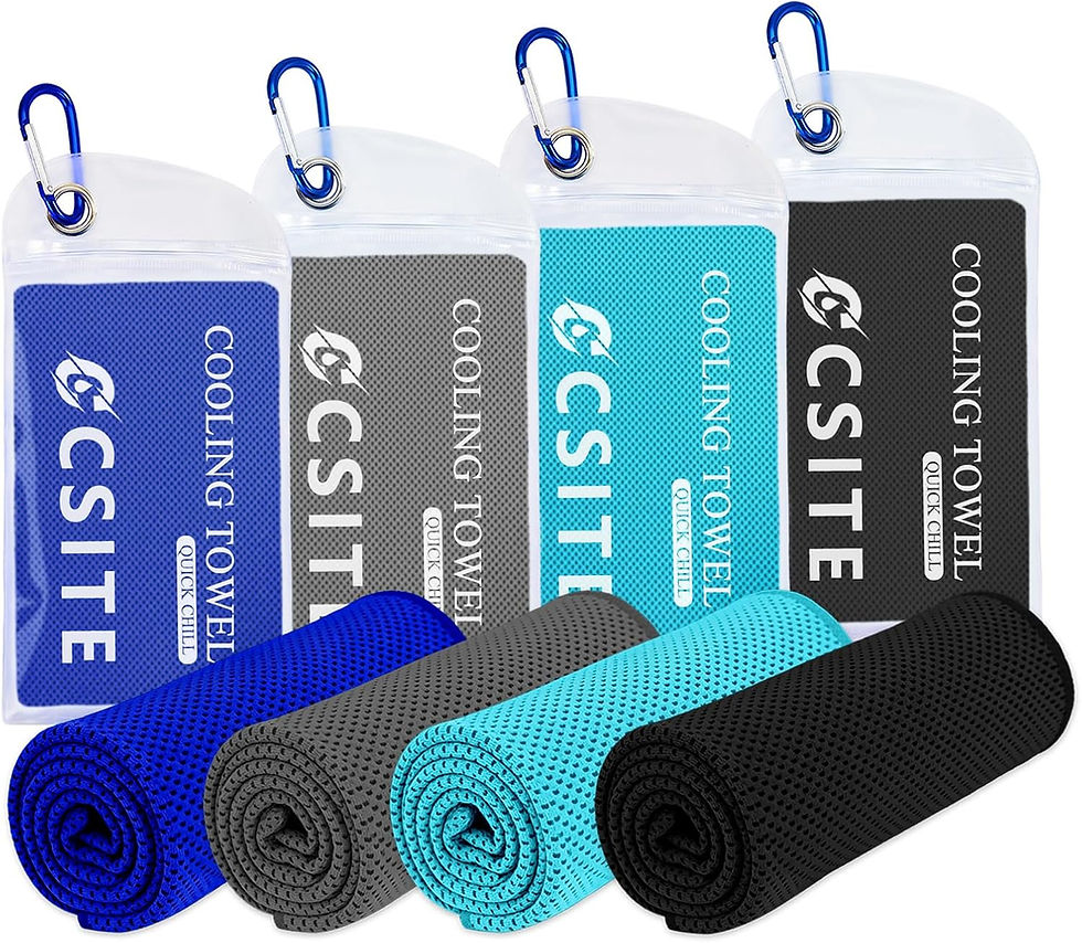 Four packaged cooling towels with carabiners, in blue, gray, teal and black, labeled Csite Cooling Towel Quick Chill on white background