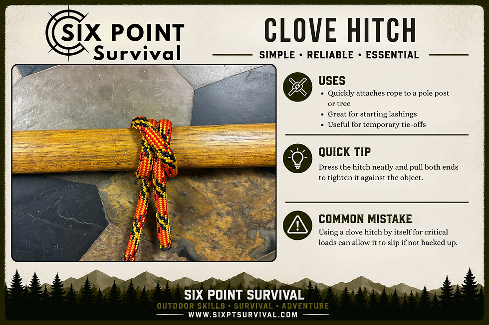 Infographic on clove hitch: colorful rope tied to a wooden pole, with uses, quick tip, and common mistake text.