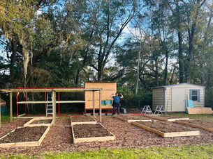 Man flexing building a garden and chicken coop