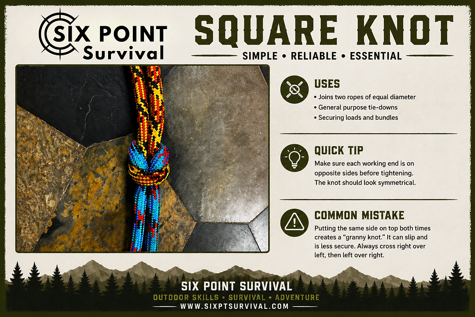 Infographic showing a colorful square knot on two ropes, with Six Point Survival text, uses, quick tip, and common mistake notes.