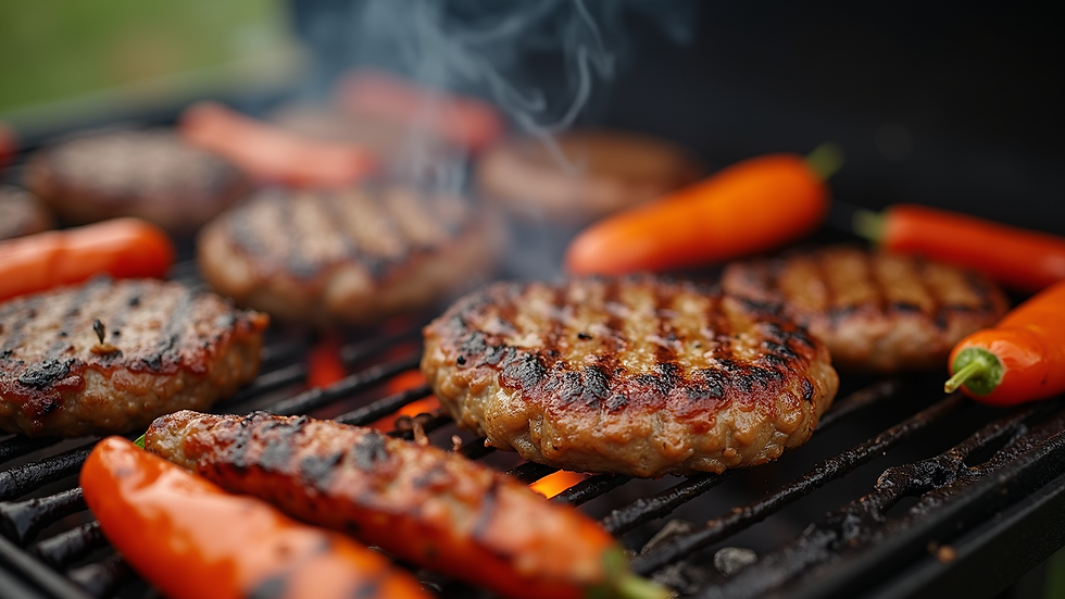 Close-up view of a BBQ grill with sizzling burgers and vegetables
