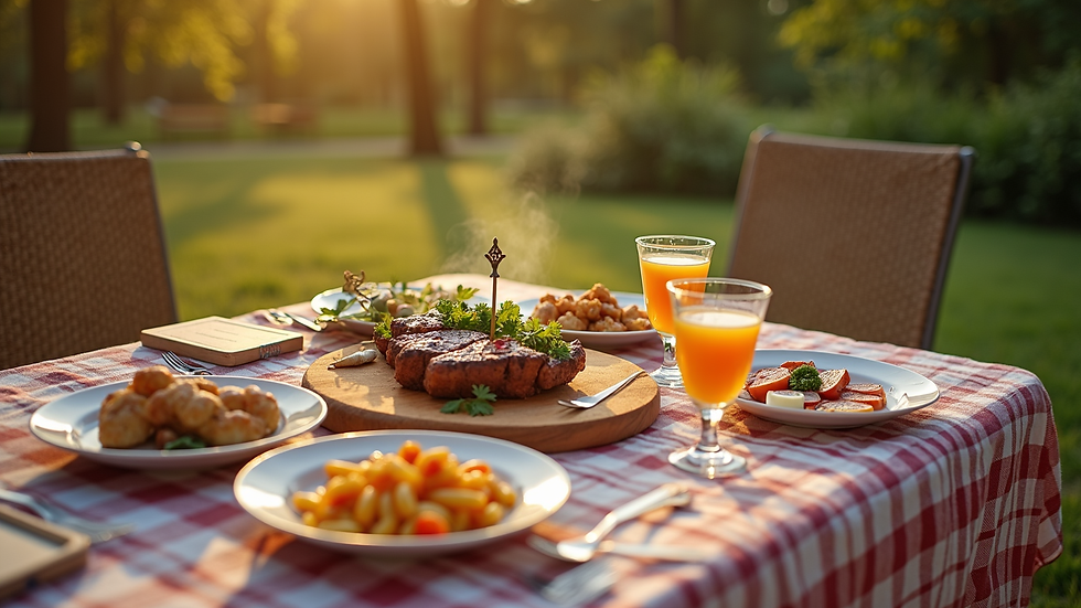 High angle view of a picnic table set with plates, drinks, and BBQ food outdoors