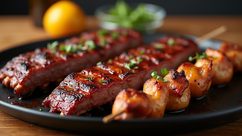 Close-up of a BBQ platter with ribs, chicken skewers, and sides