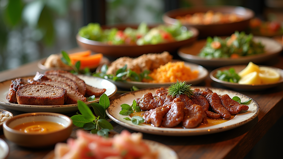 High angle view of a beautifully arranged buffet table with diverse gourmet dishes