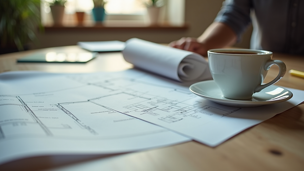 Close-up view of architectural blueprints and a coffee cup on a wooden table
