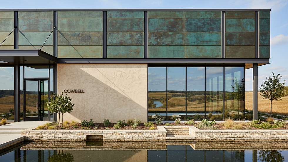 Wide angle view of commercial building with integrated landscaping and modern facade