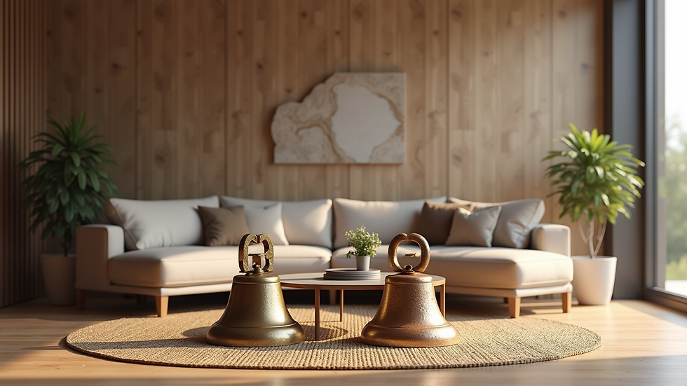 Eye-level view of a modern living room rendered in 3D showing furniture and lighting