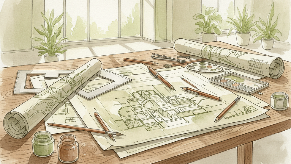 Close-up view of architectural blueprints and drafting tools on a desk