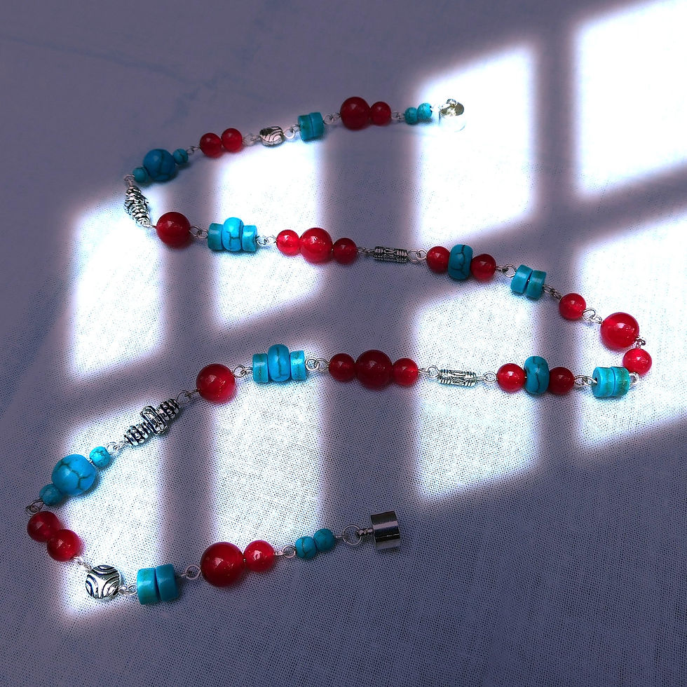 Thumbnail: Blue Turquoise & Ruby Red Jade Gemstones 18" Necklace