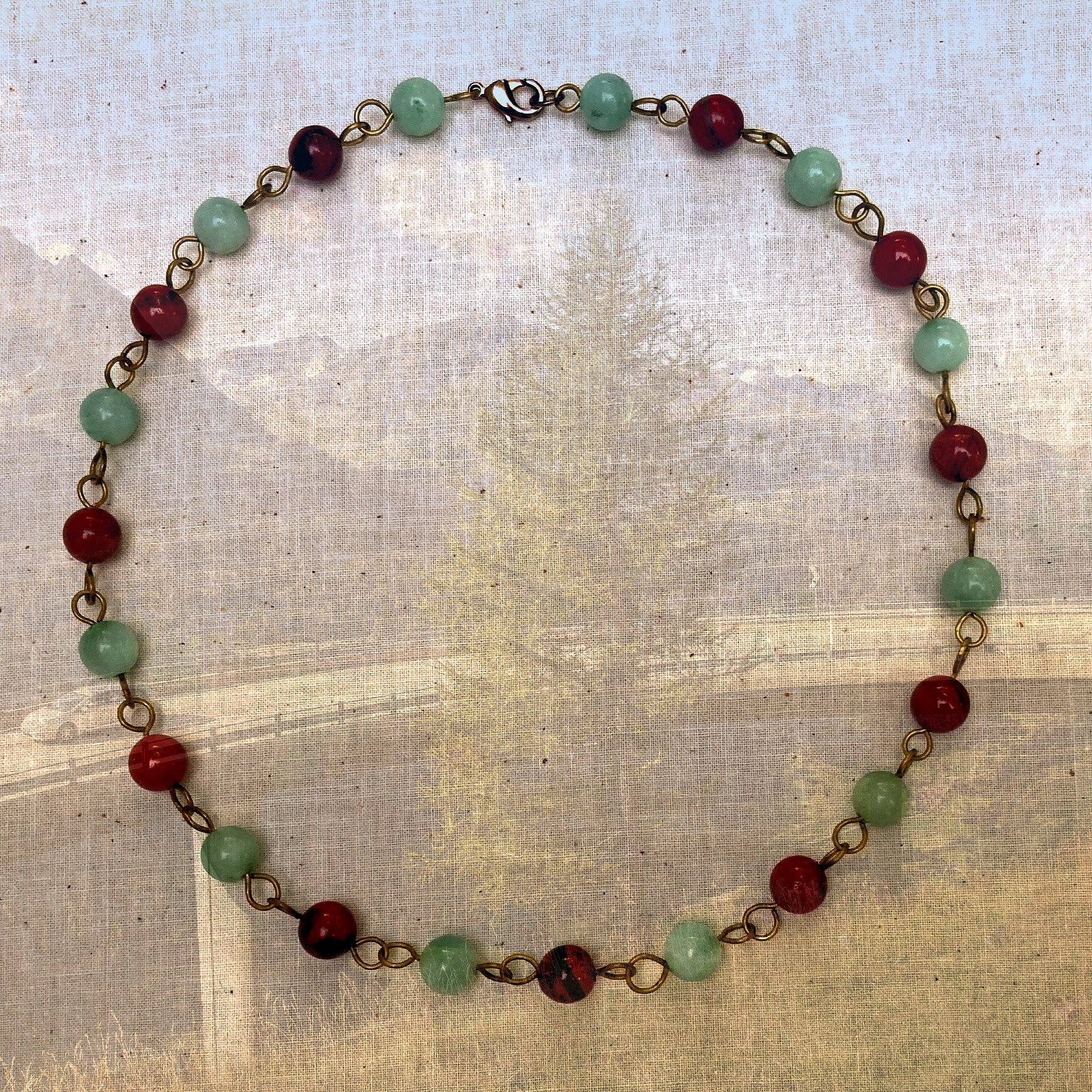 Red Jasper  + Green Amazonite Gemstones 16-1/2" Necklace
