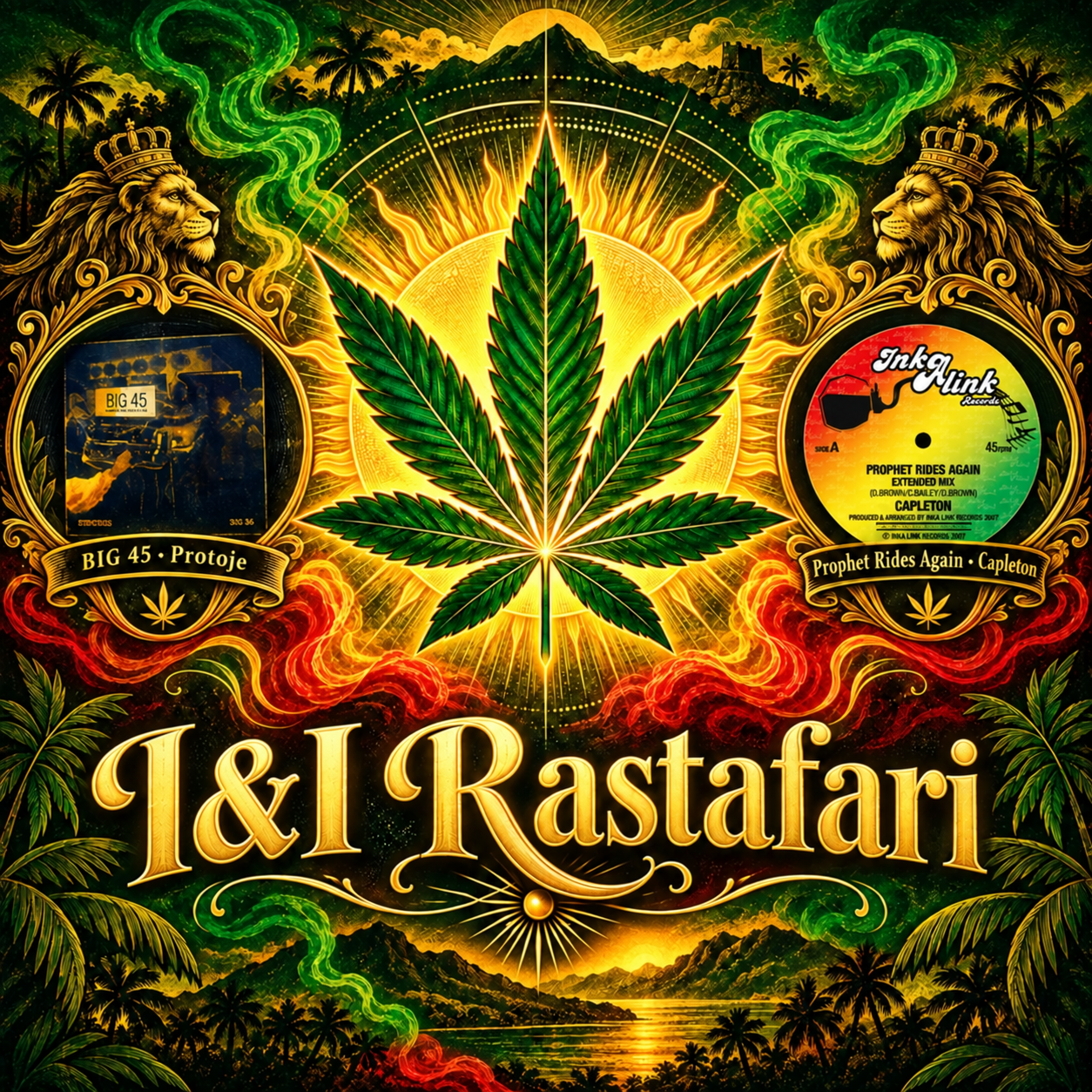 I&I Rastafari artwork with crowned lions, reggae records, a green leaf and a golden sun