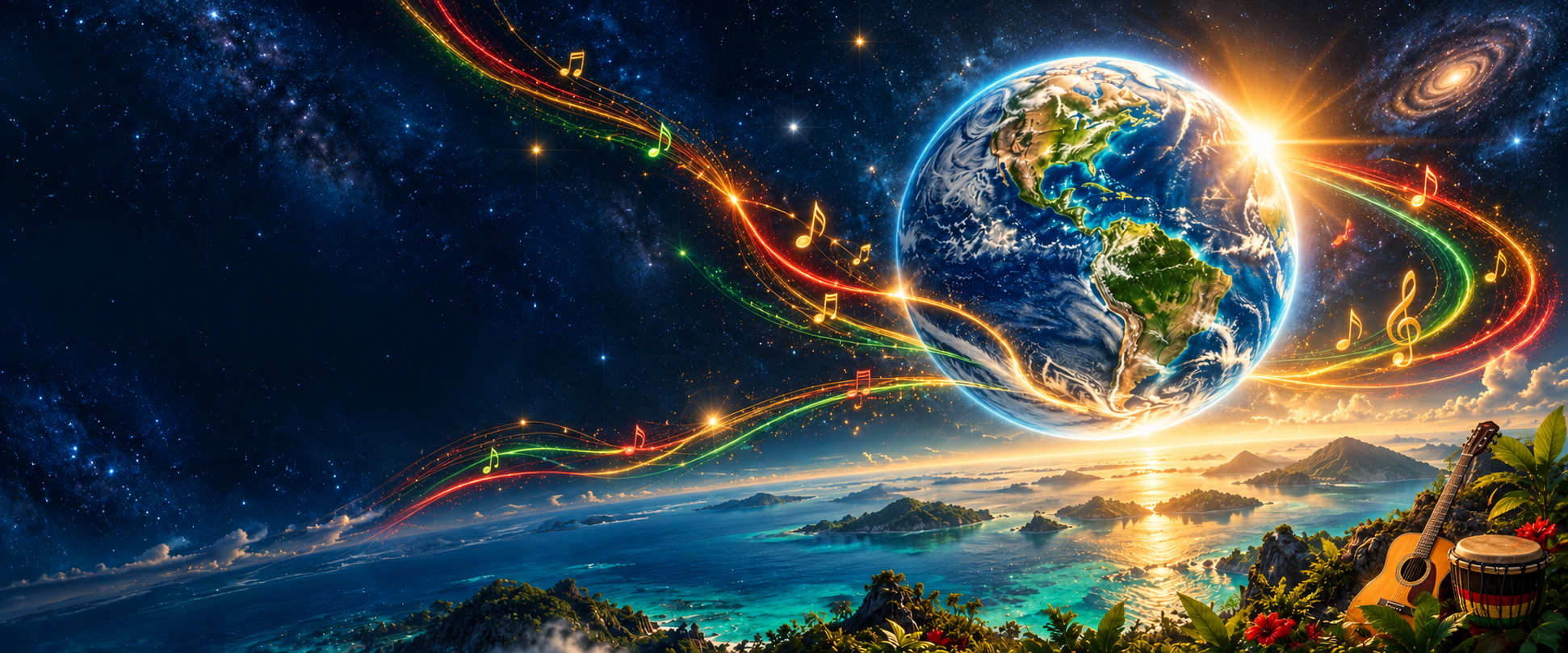 A luminous Earth above a tropical ocean, encircled by red, gold and green musical light trails, with a guitar and hand drum among the foliage.