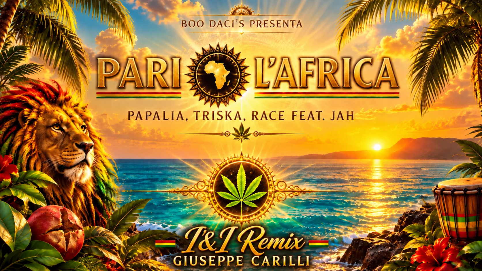 Pari l’Africa I&I Remix artwork: lion, sea, palms, leaf and golden light
