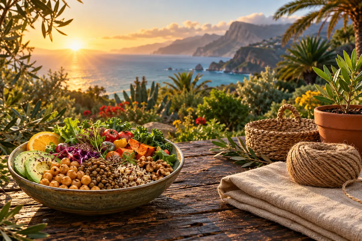 Plant-based meal, linen and woven plant fibres overlooking an island coast at sunrise