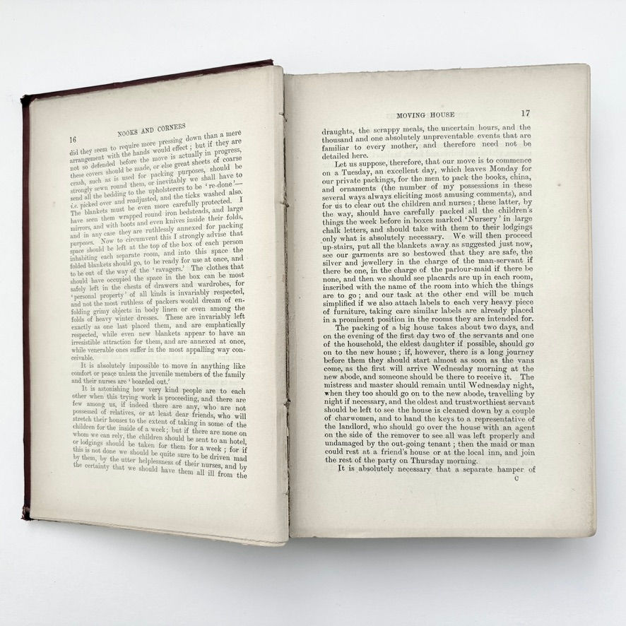 Miniatyrbild: Light gutter crack between pages 16 and 17 in 1889 Victorian book Nooks and Corners