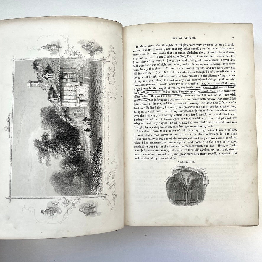 Miniatura: Page v facing full-page engraving of Bunyan’s Cottage and Forge at Elstow, circa 1855–1865.