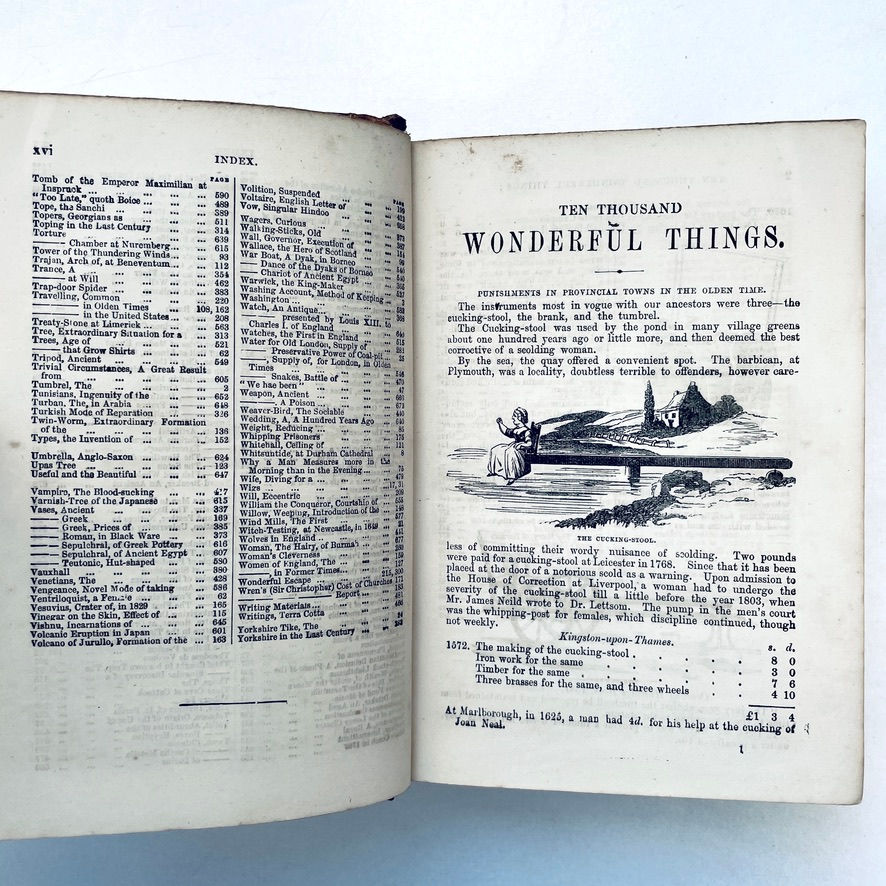 Pikkukuva: First page of main text featuring engraved illustration of The Cucking Stool in Victorian Routledge book.