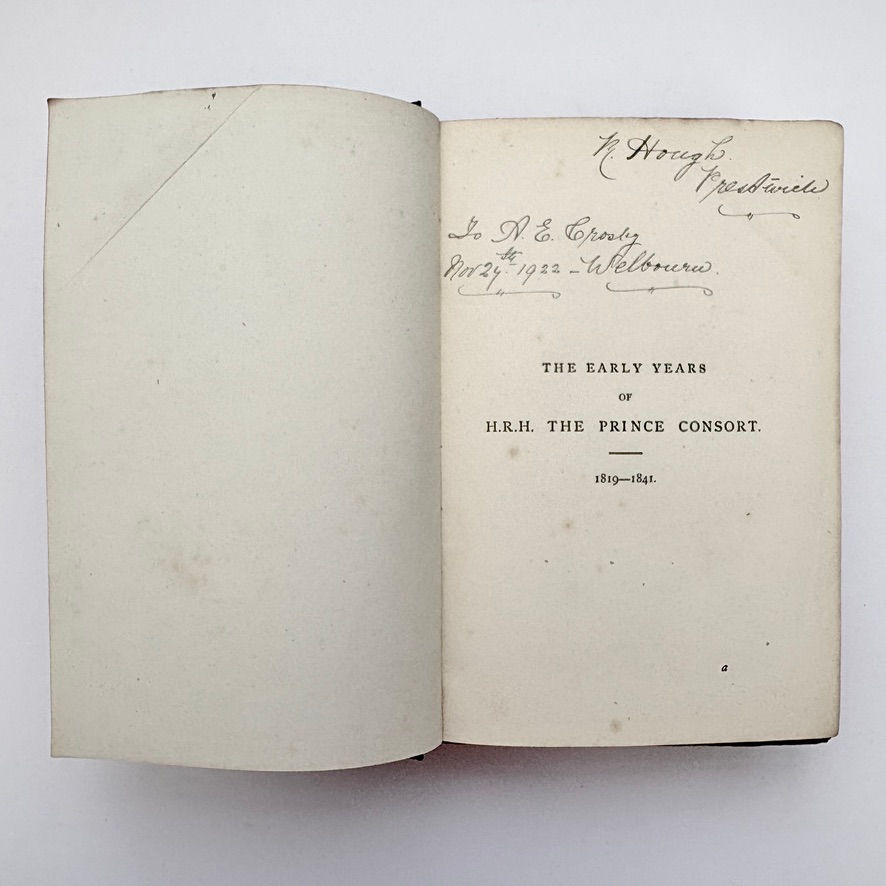 Thumbnail: Half title page with pen inscription in 1869 Early Years of Prince Consort Albert