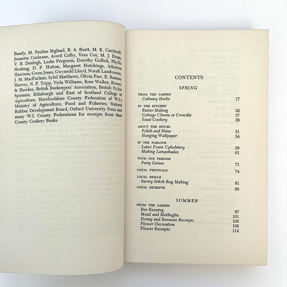 Pikkukuva: Contents page from The Countrywoman's Year featuring rural crafts and cookery