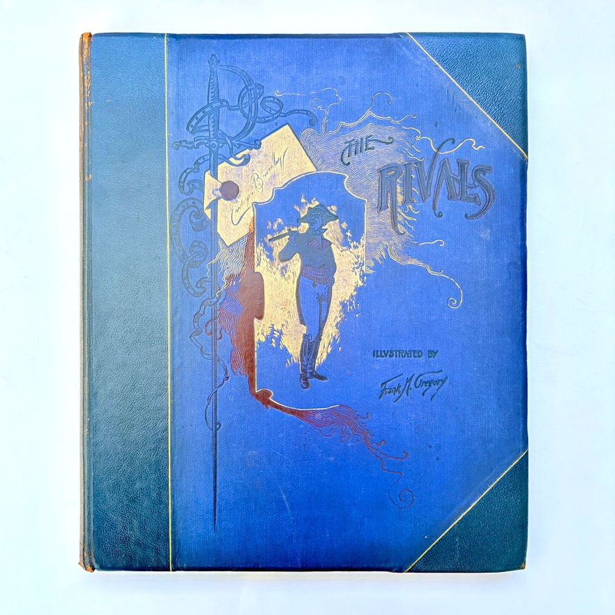 Large folio front cover of The Rivals by Sheridan, circa 1889, with ornate gilt, red and black decoration
