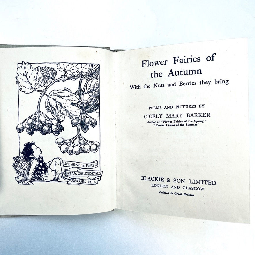 Miniatura: Title page with black and white frontispiece illustration of Flower Fairies of the Autumn by Cicely M. Barker