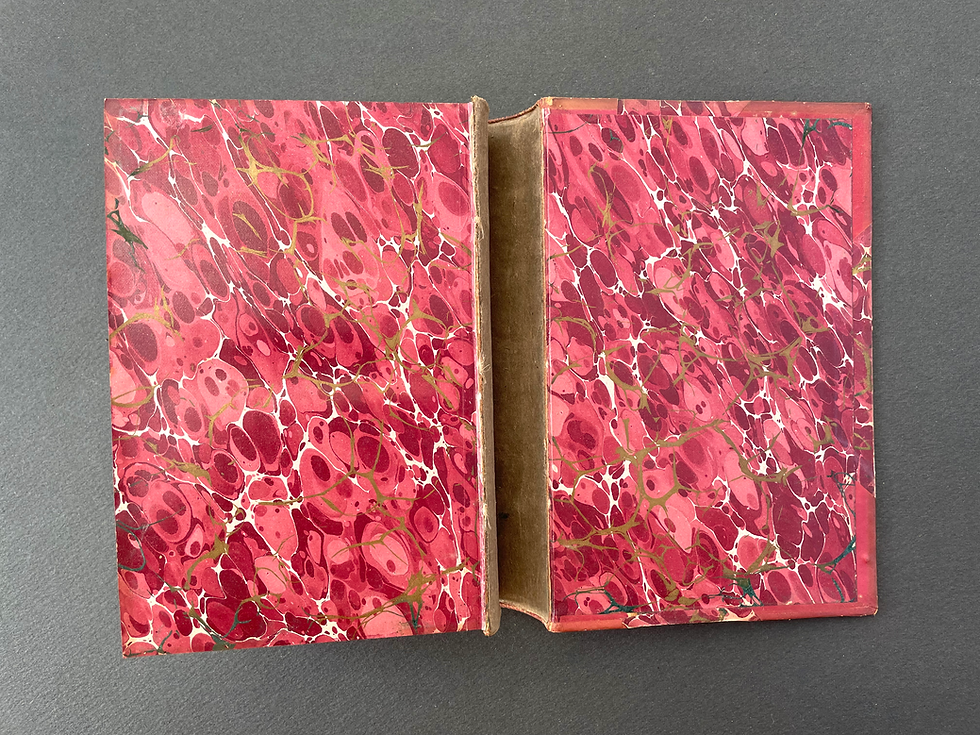 Thumbnail: Back marbled pastedown of Anne of Geierstein & Count Robert of Paris by Walter Scott, visible gutter crack, secure text block