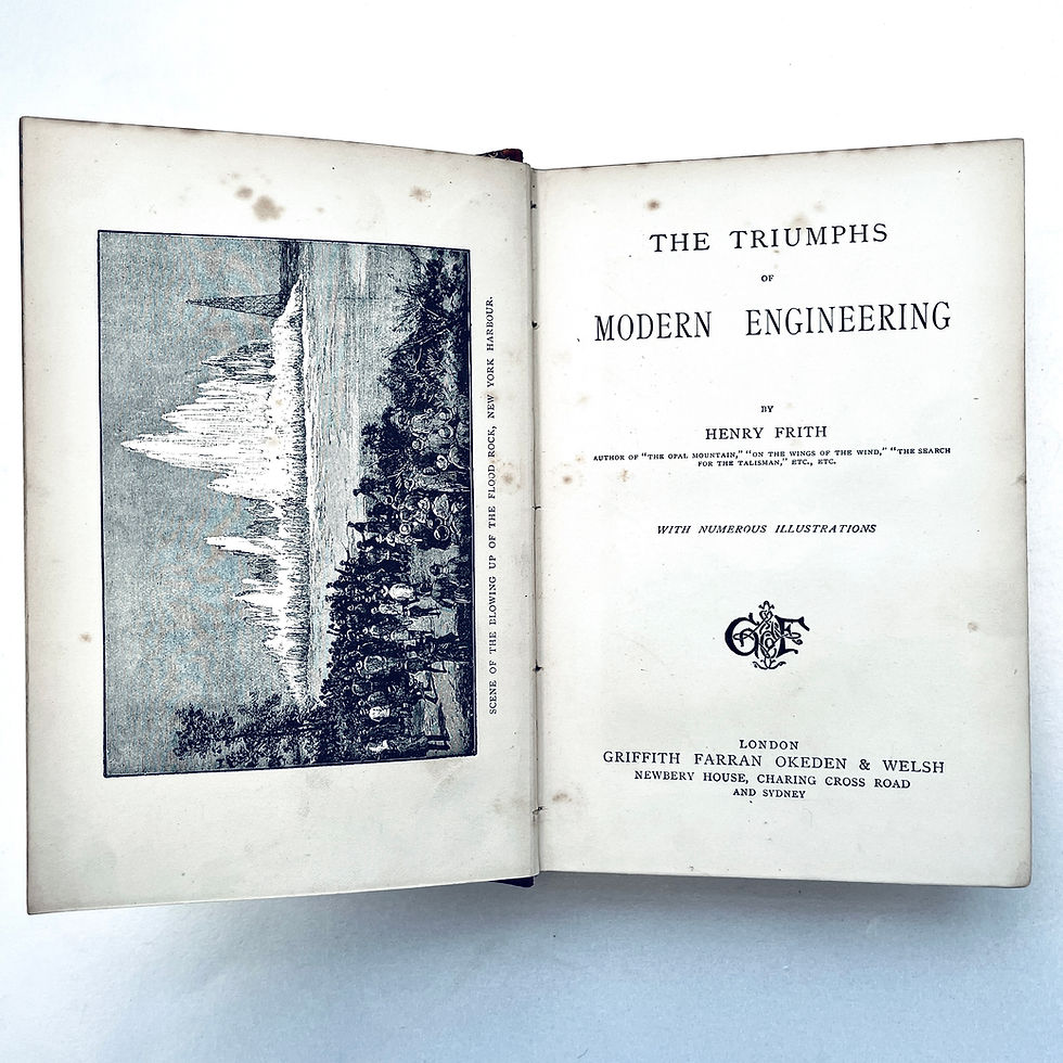 Pikkukuva: Title page of Triumphs of Modern Engineering by Henry Frith facing engraved frontispiece
