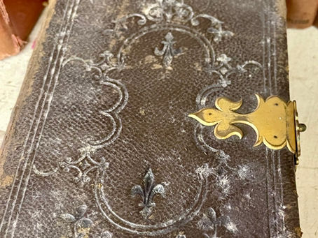 Antiquarian book with green mould damage on cloth cover caused by damp storage, example of poor preservation