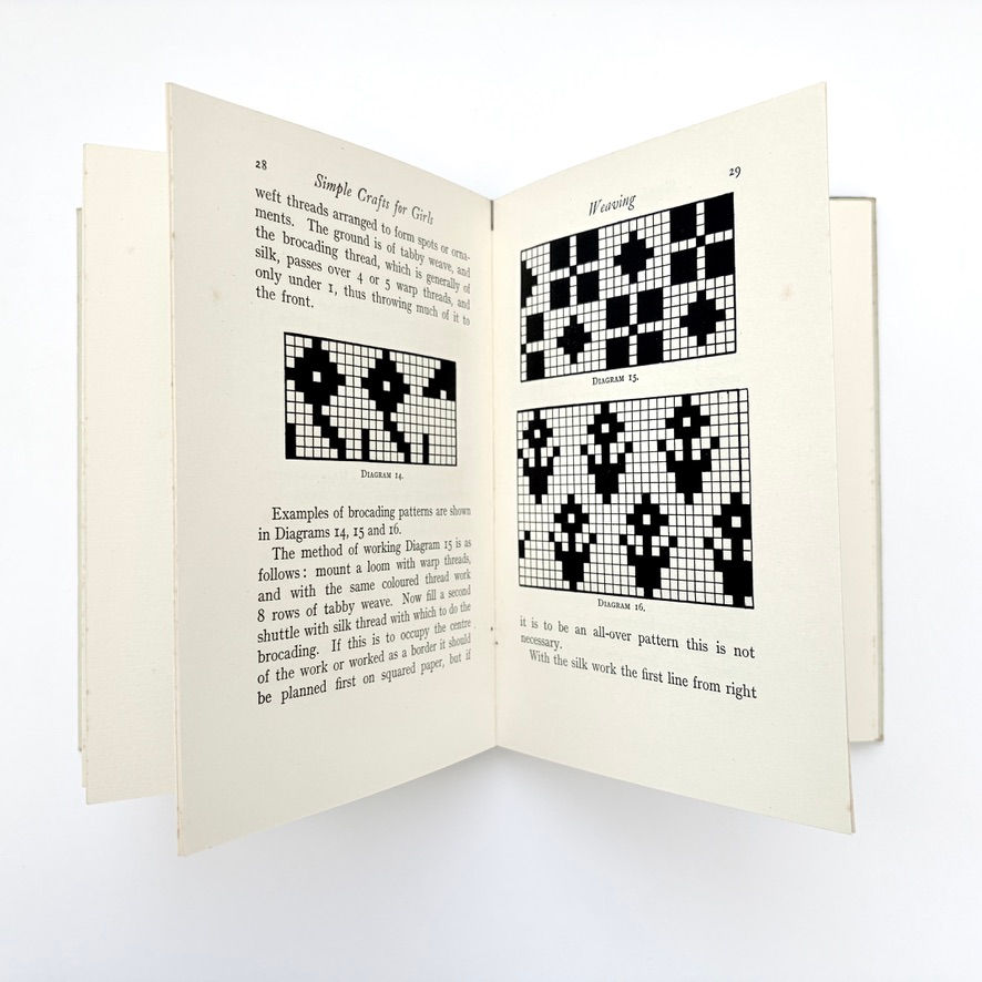 サムネイル： Pages 28 and 29 weaving pattern diagrams Simple Crafts for Girls 1928 craft instruction