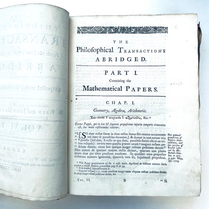 縮圖：First page of 1733 Philosophical Transactions Vol VI – Part I: Containing the Mathematical Papers