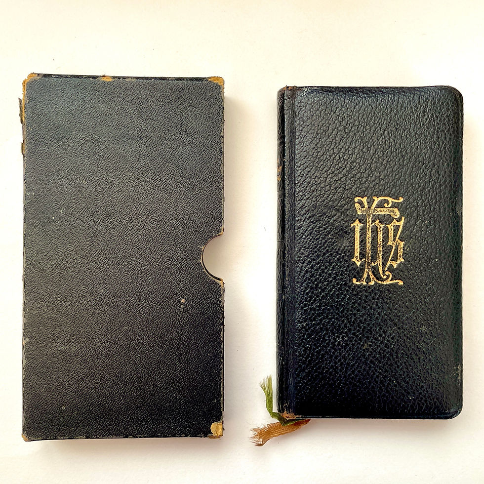 Miniature : Original slipcase and front cover for 1960 leather-bound Sunday Missal, minor edge wear.