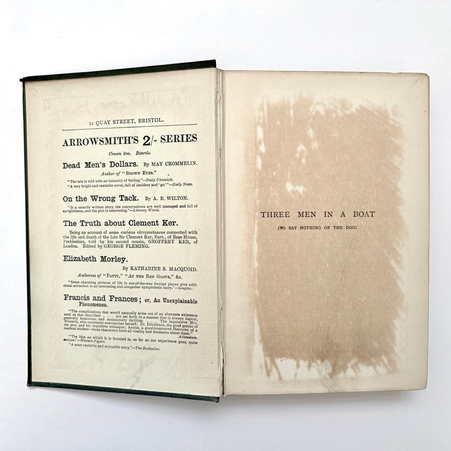 Miniature : Front pastedown with publisher adverts opposite half-title in Three Men in a Boat 1889