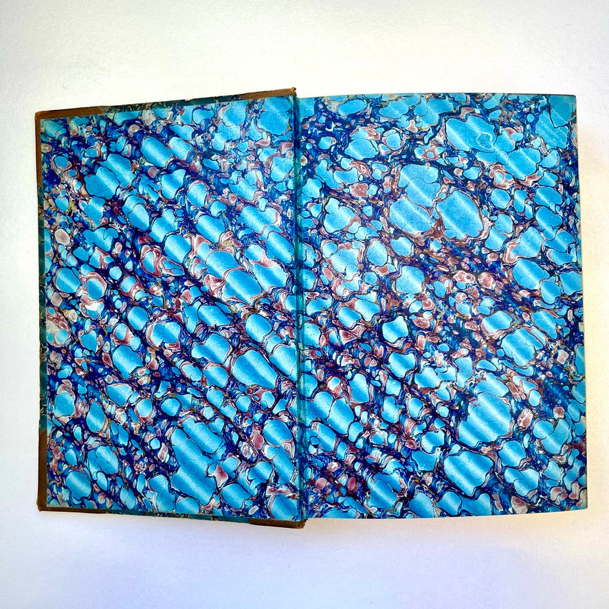 Miniatura: Marbled front pastedown and free endpaper in 19th-century edition of The Pilgrim’s Progress.