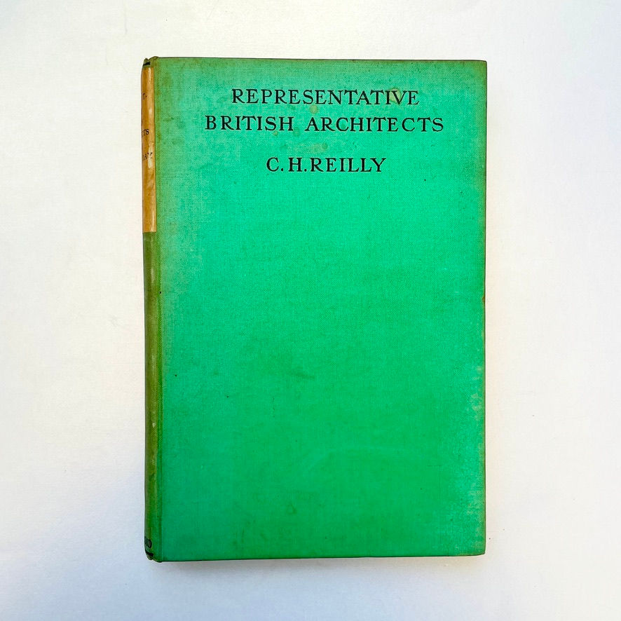 Green cloth front cover of Representative British Architects of the Present Day (1931) by C. H. Reilly.