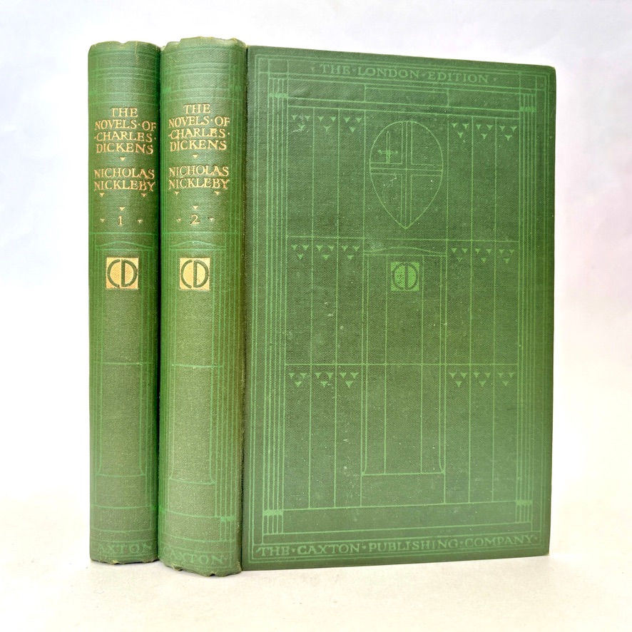 Nicholas Nickleby by Charles Dickens, c.1907, spines of both volumes and Volume II front board, Talwin Morris design