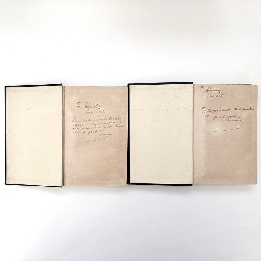 Miniatura: Handwritten presentation inscriptions to Charlie from Ted in both volumes of Dickens's Nicholas Nickleby