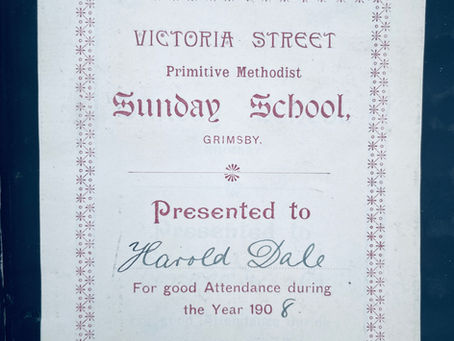 Prize award plate inscribed to Harold Dale for good attendance in 1908 at Victoria Street Primitive Methodist Sunday School, Grimsby.