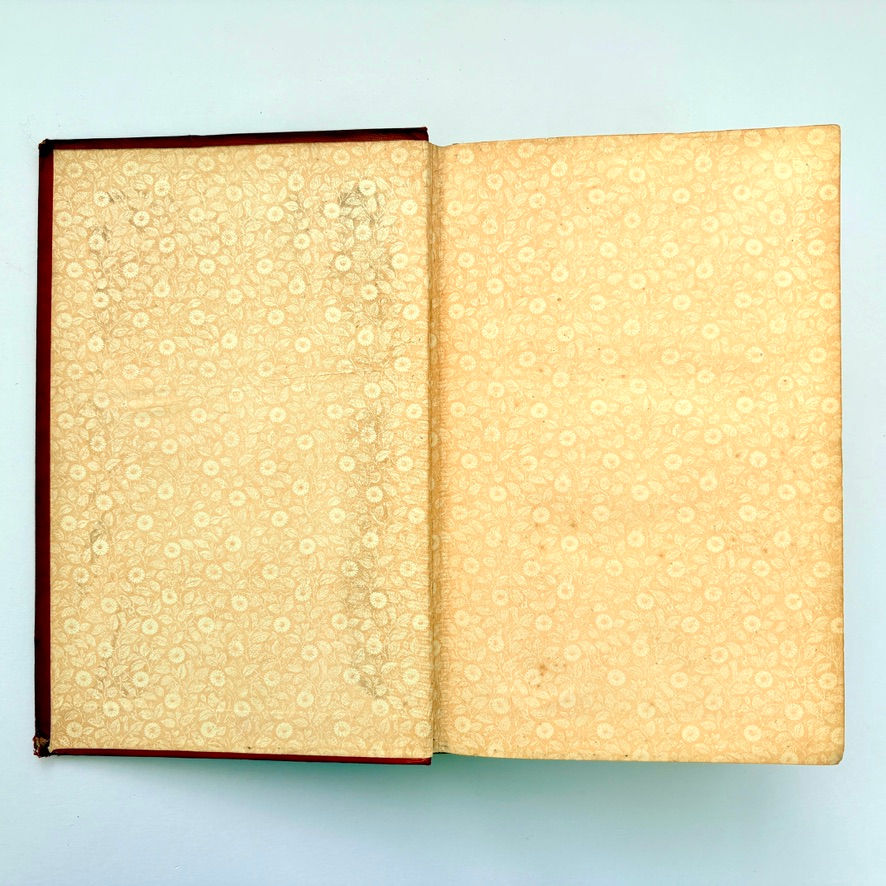 Miniatyrbild: Floral Victorian endpapers inside Nooks and Corners 1889 illustrated domestic life book