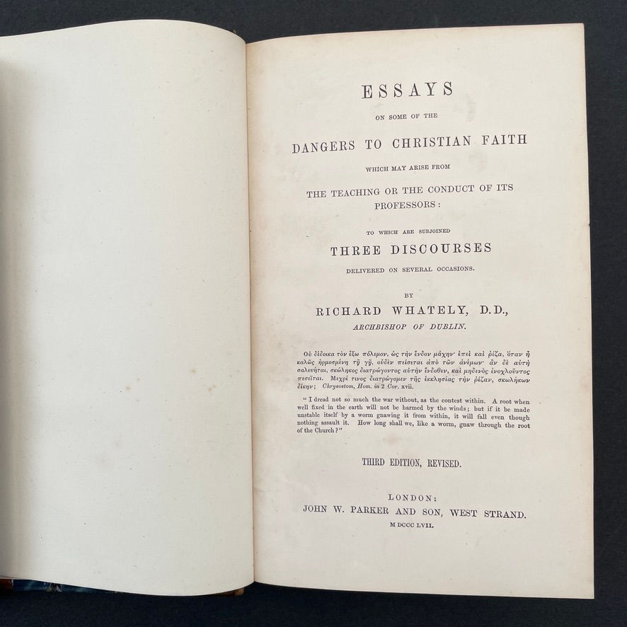 Pikkukuva: 1857 - WHATELY’S ESSAYS DANGERS OF CHRISTIAN FAITH Antiquarian RARE LEATHER Book
