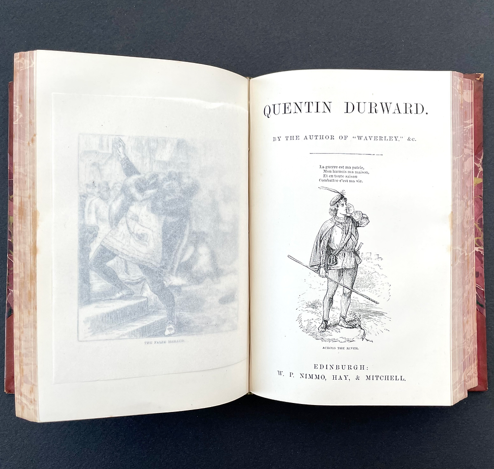 サムネイル： Illustrated title page for Quentin Durward by Walter Scott, ornate Victorian border.